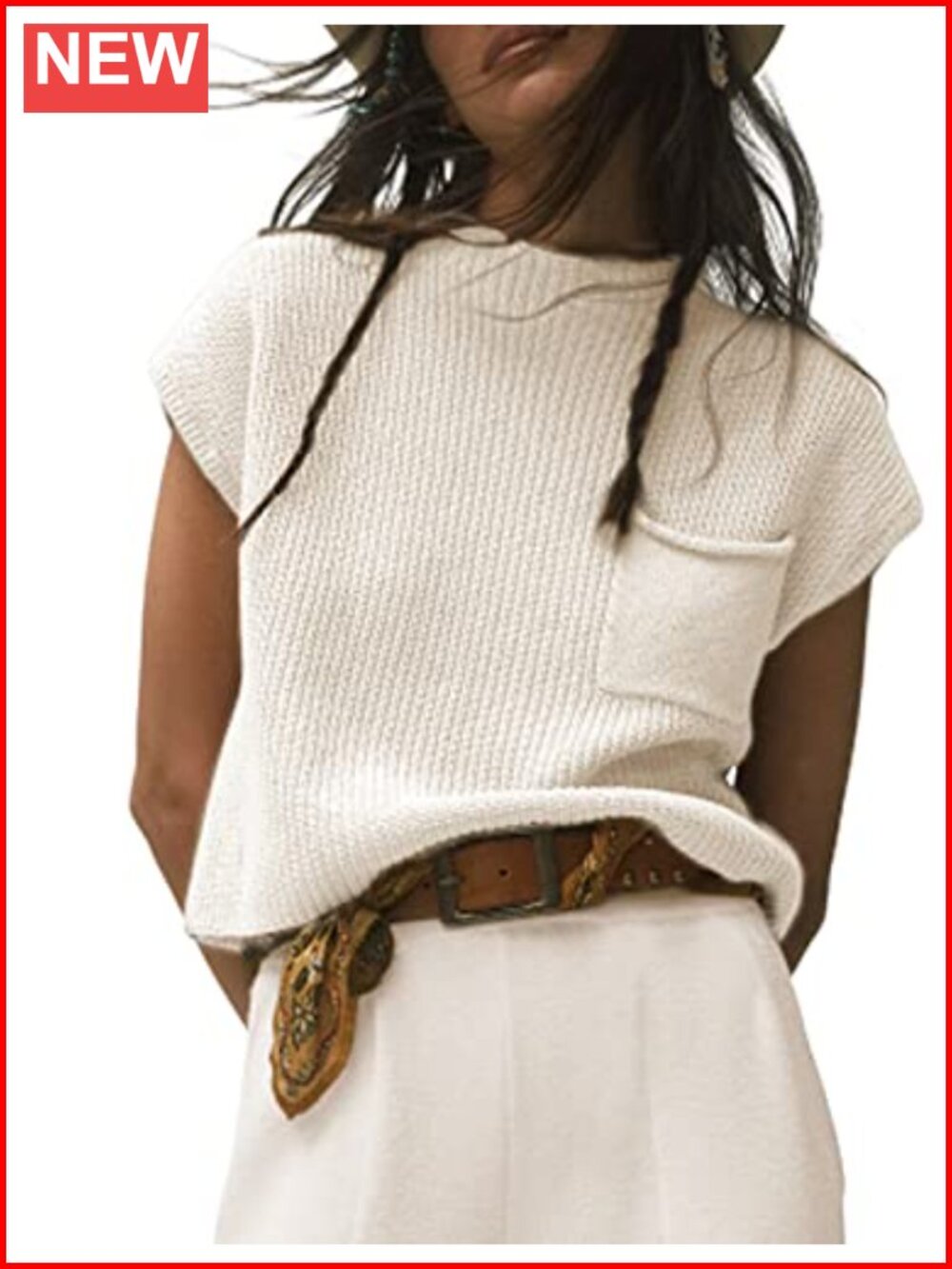 Short Sleeve Knit Sweater Top Mock Neck Boxy Cap Sleeve Fall Layer